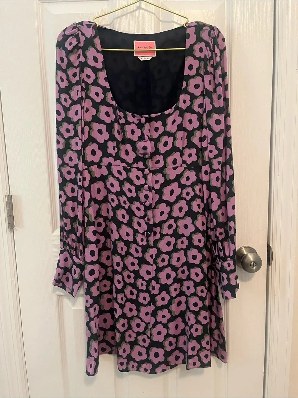 kate spade Black Dress with Purple Floral Print, Square Neck Mini
